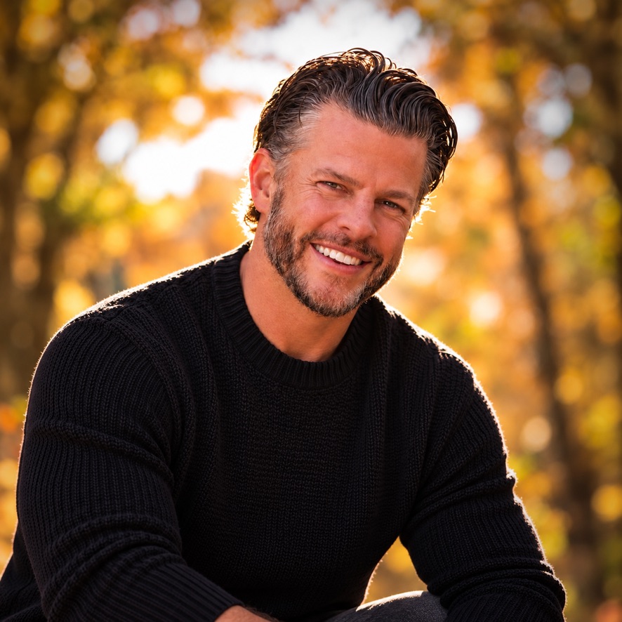 Matt Dorsey wearing a black sweater outdoors in warm autumn light